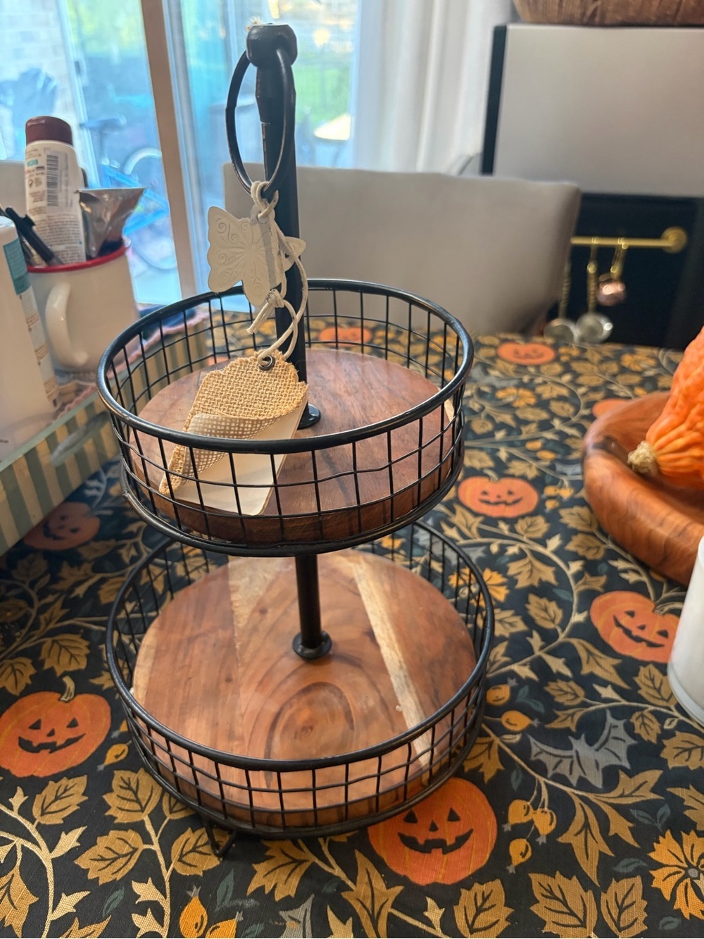 Two-Tier Wood and Black Metal Serving Stand